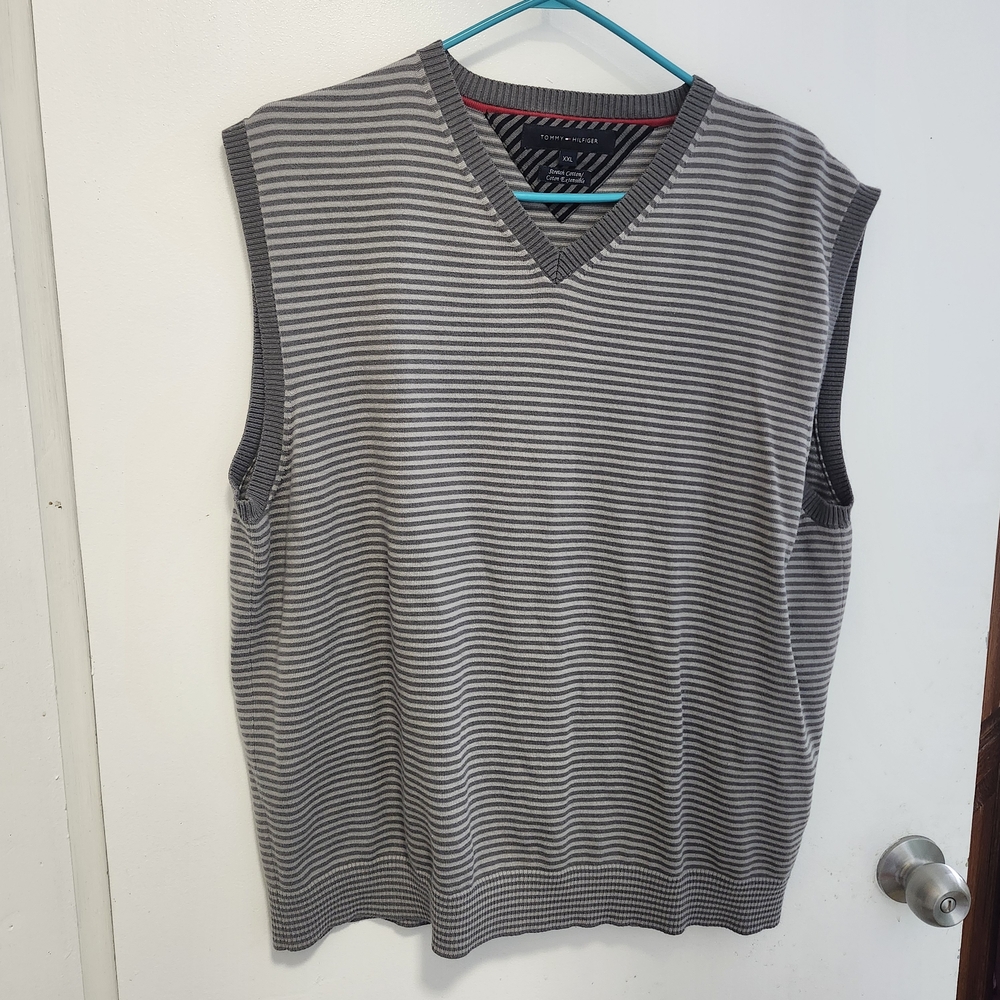 Tommy Hilfiger Gray Striped V-Neck Sweater Vest